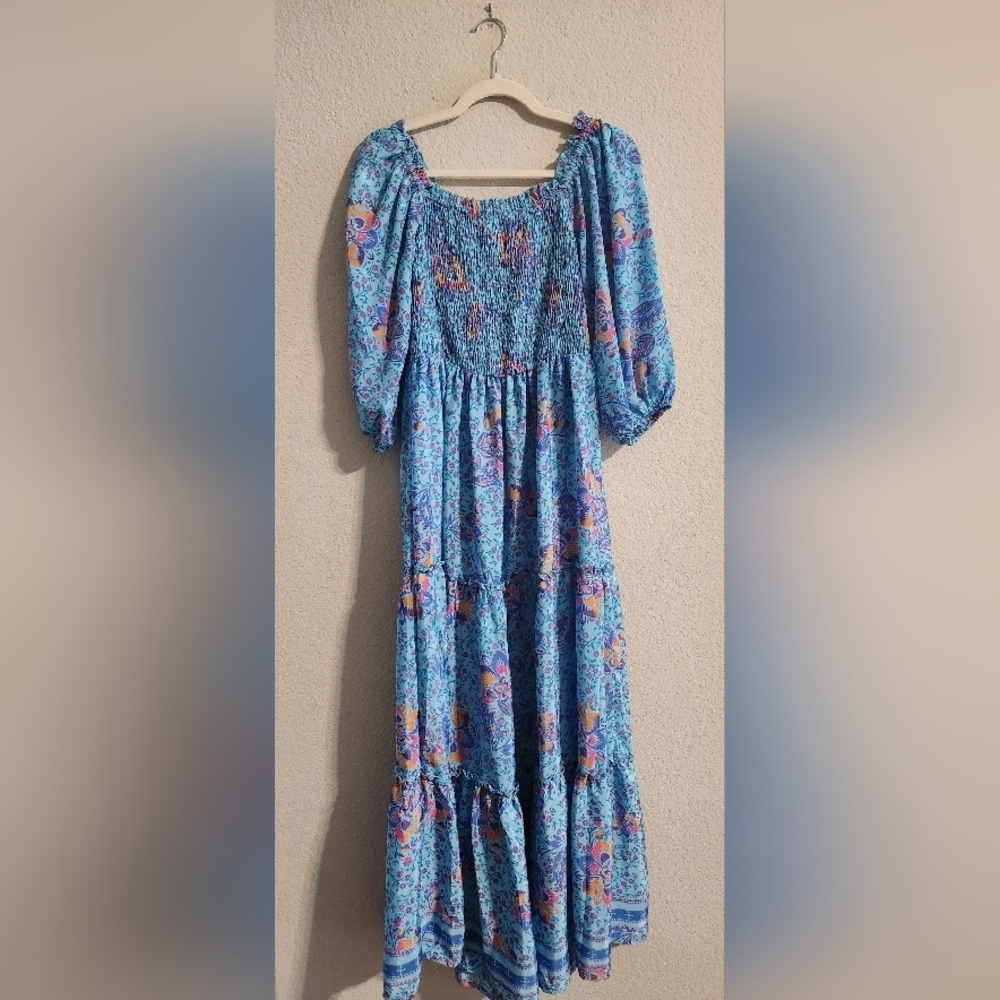 Me 2 Magic Anthropologie Bohemian Smocked Maxi Tiered Dress Blue Floral medium - Picture 2 of 6